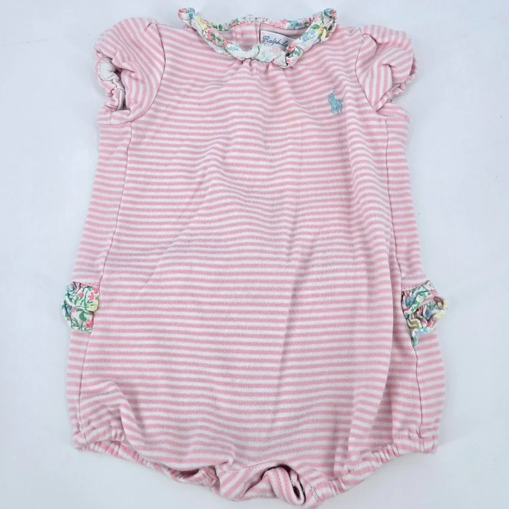 Polo Ralph Lauren Baby Girl‎ Pink White Striped Floral Ruffle Bubble Romper 6M